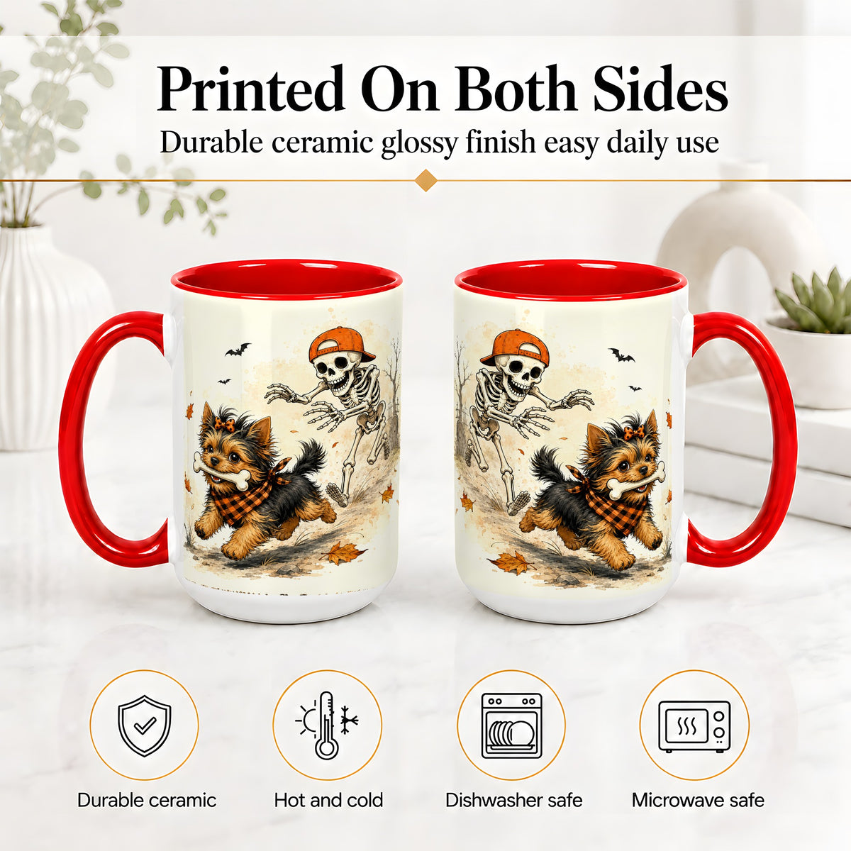 #pl[15oz|Red] Halloween Terrier Ceramic Mug, Skeleton Chase Autumn Artwork