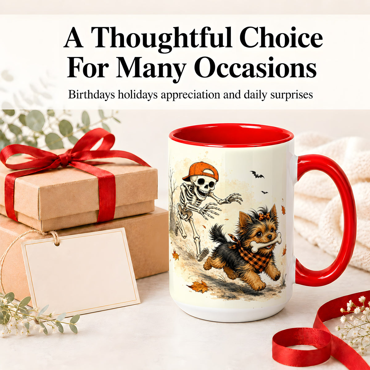 #pl[15oz|Red] Halloween Terrier Ceramic Mug, Skeleton Chase Autumn Artwork