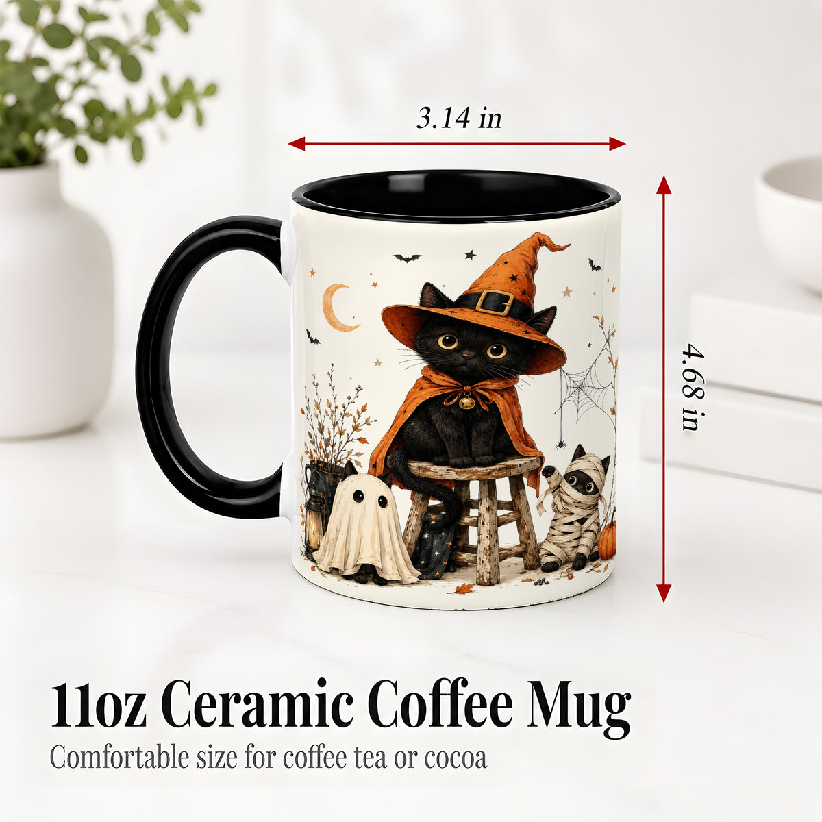 #pl[11oz|Black] Halloween Black Cat Ceramic Mug, Witch Ghost Mummy Cat Design