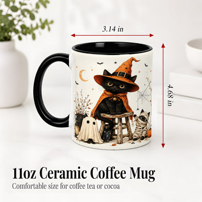 #pl[11oz|Black] Halloween Black Cat Ceramic Mug, Witch Ghost Mummy Cat Design