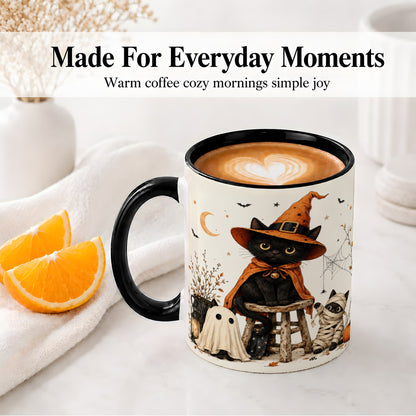 #pl[11oz|Black] Halloween Black Cat Ceramic Mug, Witch Ghost Mummy Cat Design