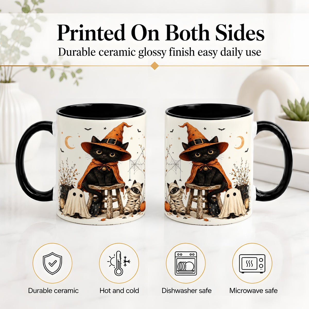 #pl[11oz|Black] Halloween Black Cat Ceramic Mug, Witch Ghost Mummy Cat Design