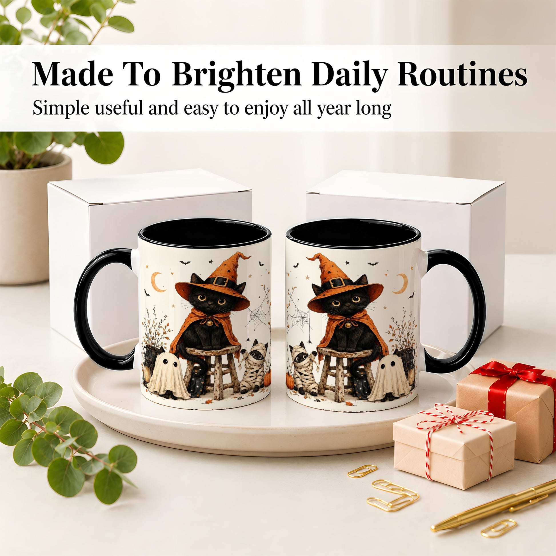 #pl[11oz|Black] Halloween Black Cat Ceramic Mug, Witch Ghost Mummy Cat Design