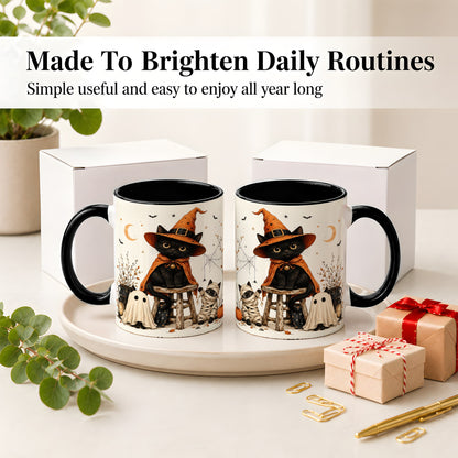 #pl[11oz|Black] Halloween Black Cat Ceramic Mug, Witch Ghost Mummy Cat Design