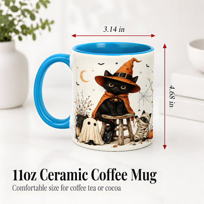 #pl[11oz|Blue] Halloween Black Cat Ceramic Mug, Witch Ghost Mummy Cat Design