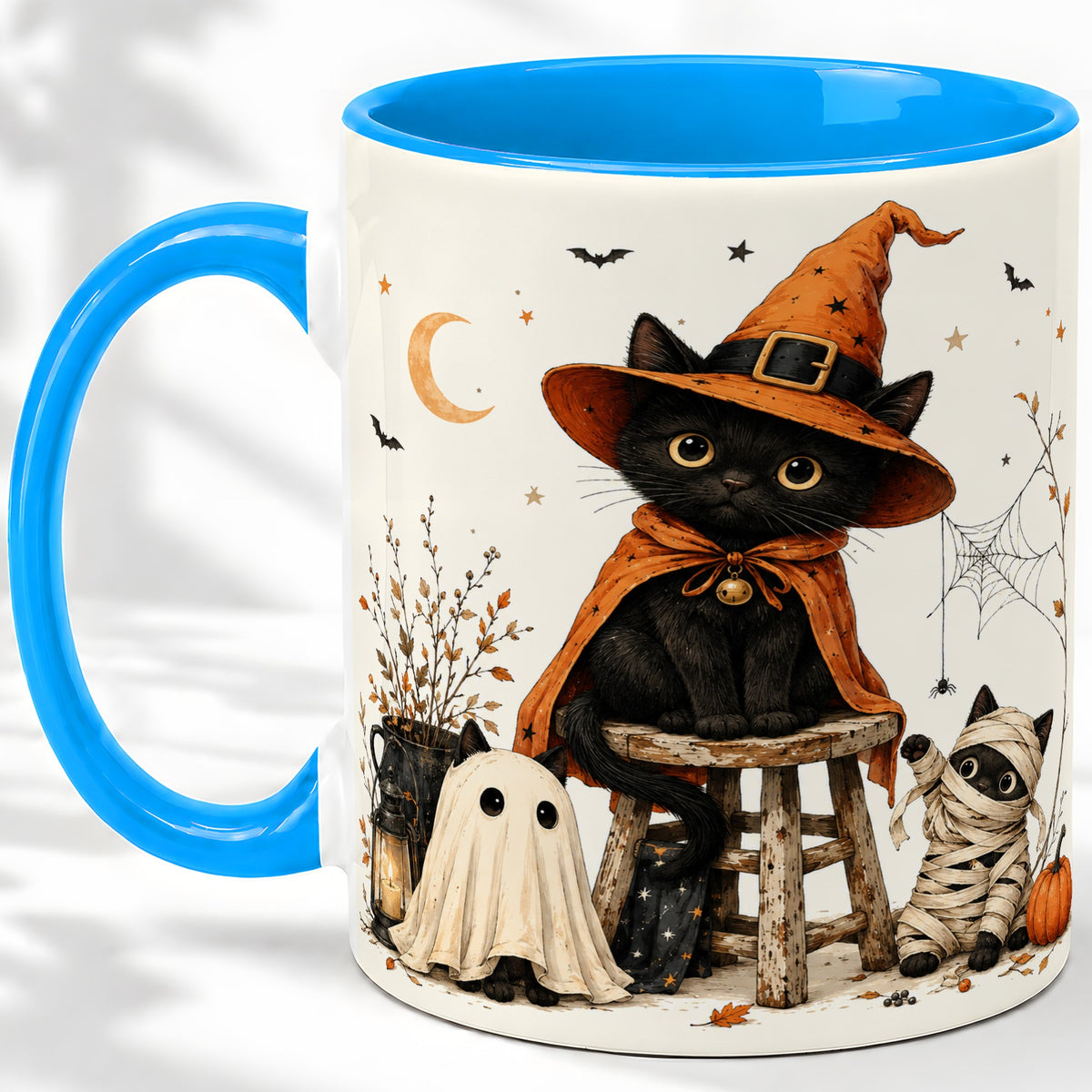#pl[11oz|Blue] Halloween Black Cat Ceramic Mug, Witch Ghost Mummy Cat Design