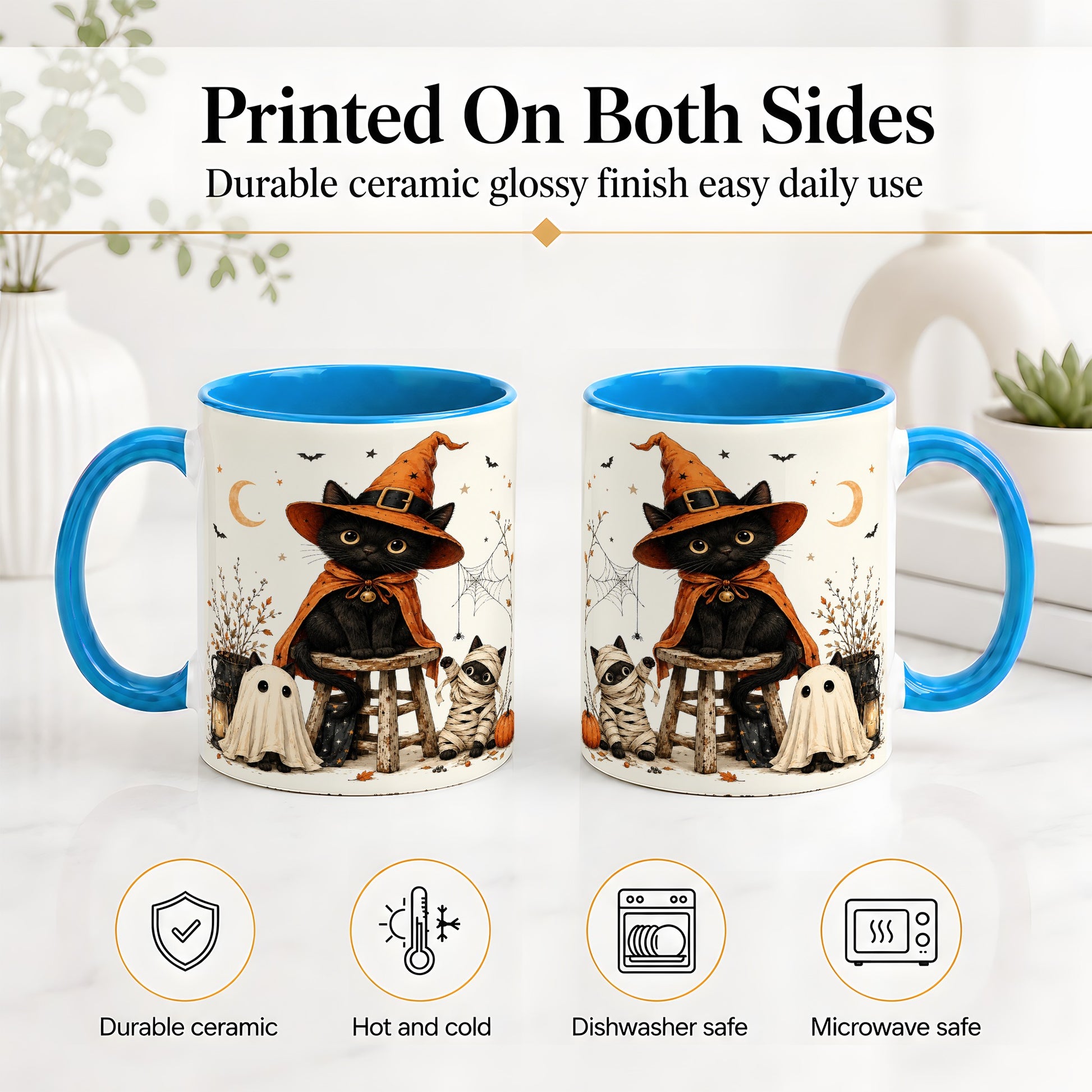 #pl[11oz|Blue] Halloween Black Cat Ceramic Mug, Witch Ghost Mummy Cat Design