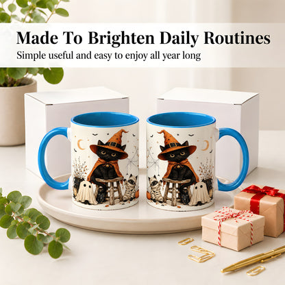 #pl[11oz|Blue] Halloween Black Cat Ceramic Mug, Witch Ghost Mummy Cat Design