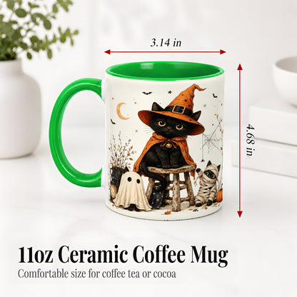 #pl[11oz|Green] Halloween Black Cat Ceramic Mug, Witch Ghost Mummy Cat Design