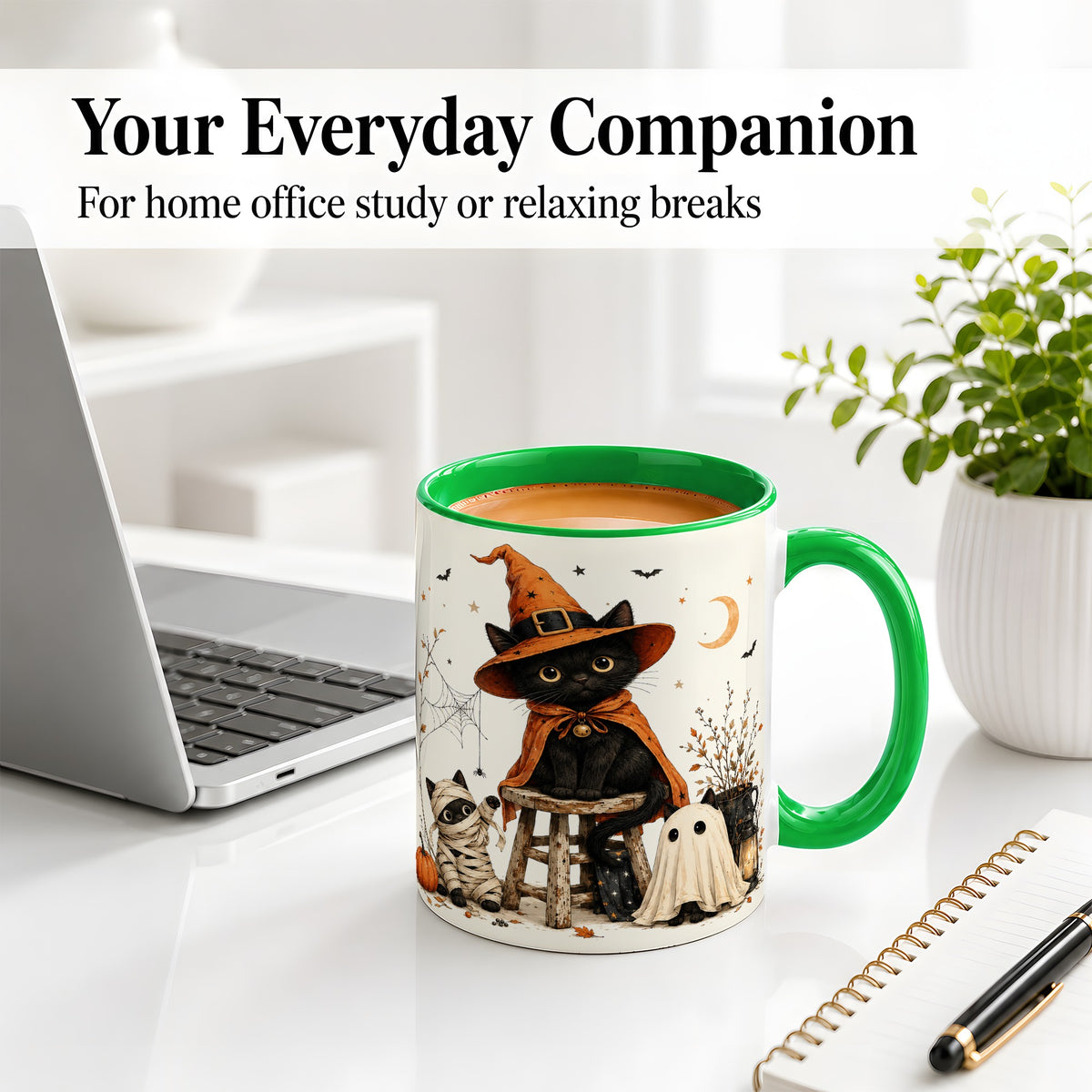 #pl[11oz|Green] Halloween Black Cat Ceramic Mug, Witch Ghost Mummy Cat Design