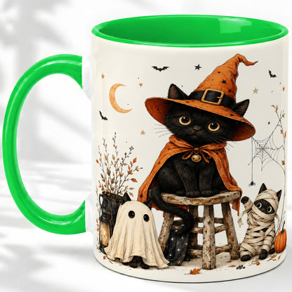 #pl[11oz|Green] Halloween Black Cat Ceramic Mug, Witch Ghost Mummy Cat Design