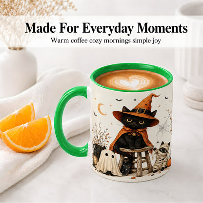 #pl[11oz|Green] Halloween Black Cat Ceramic Mug, Witch Ghost Mummy Cat Design