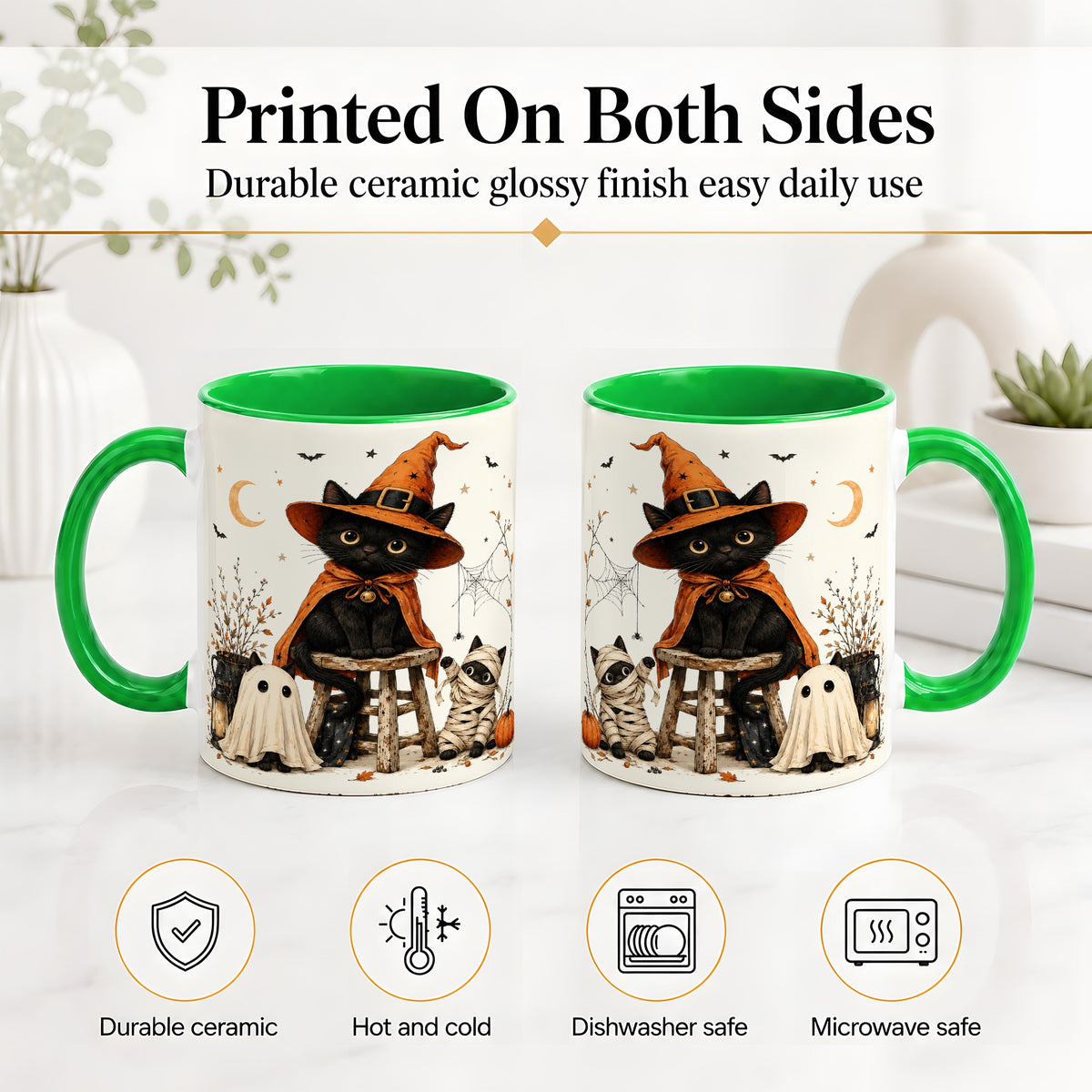 #pl[11oz|Green] Halloween Black Cat Ceramic Mug, Witch Ghost Mummy Cat Design