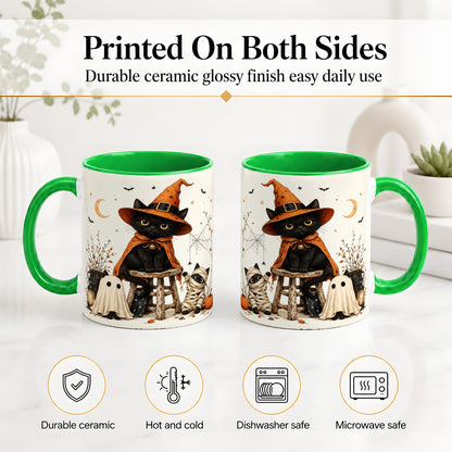 #pl[11oz|Green] Halloween Black Cat Ceramic Mug, Witch Ghost Mummy Cat Design