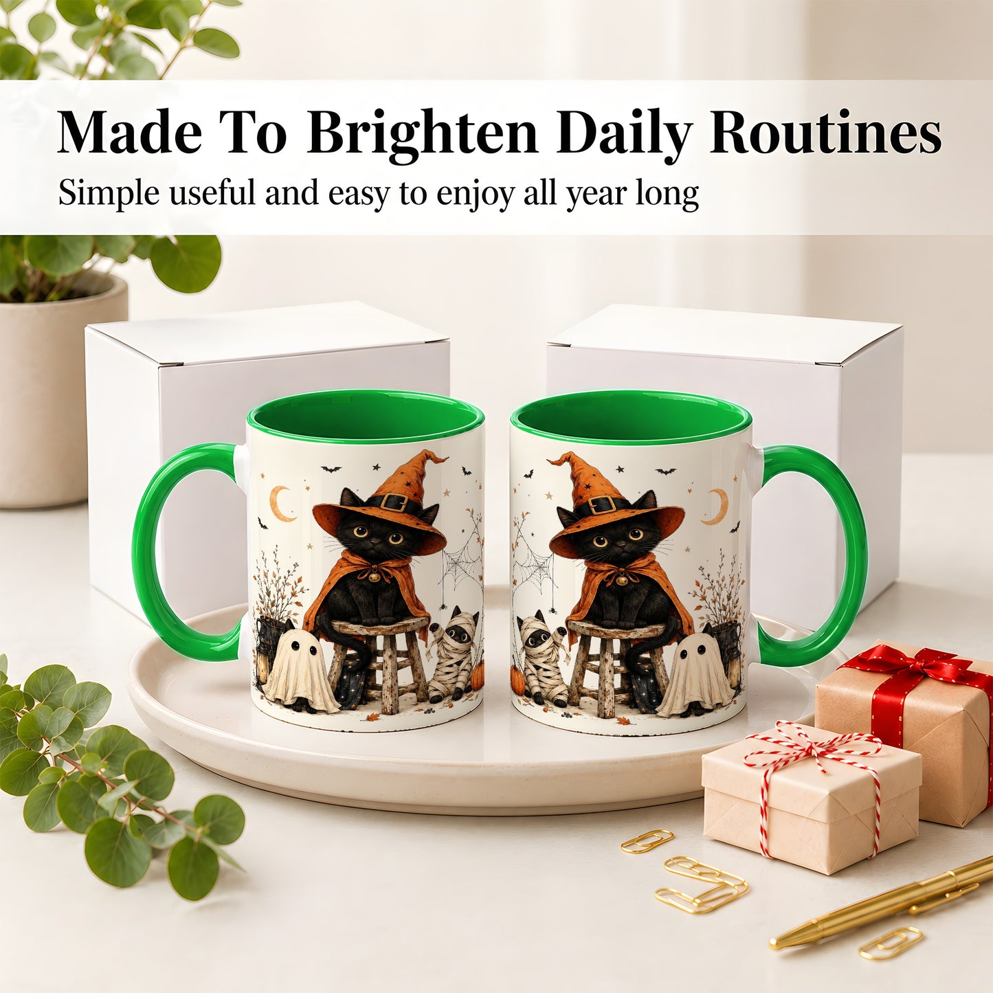 #pl[11oz|Green] Halloween Black Cat Ceramic Mug, Witch Ghost Mummy Cat Design