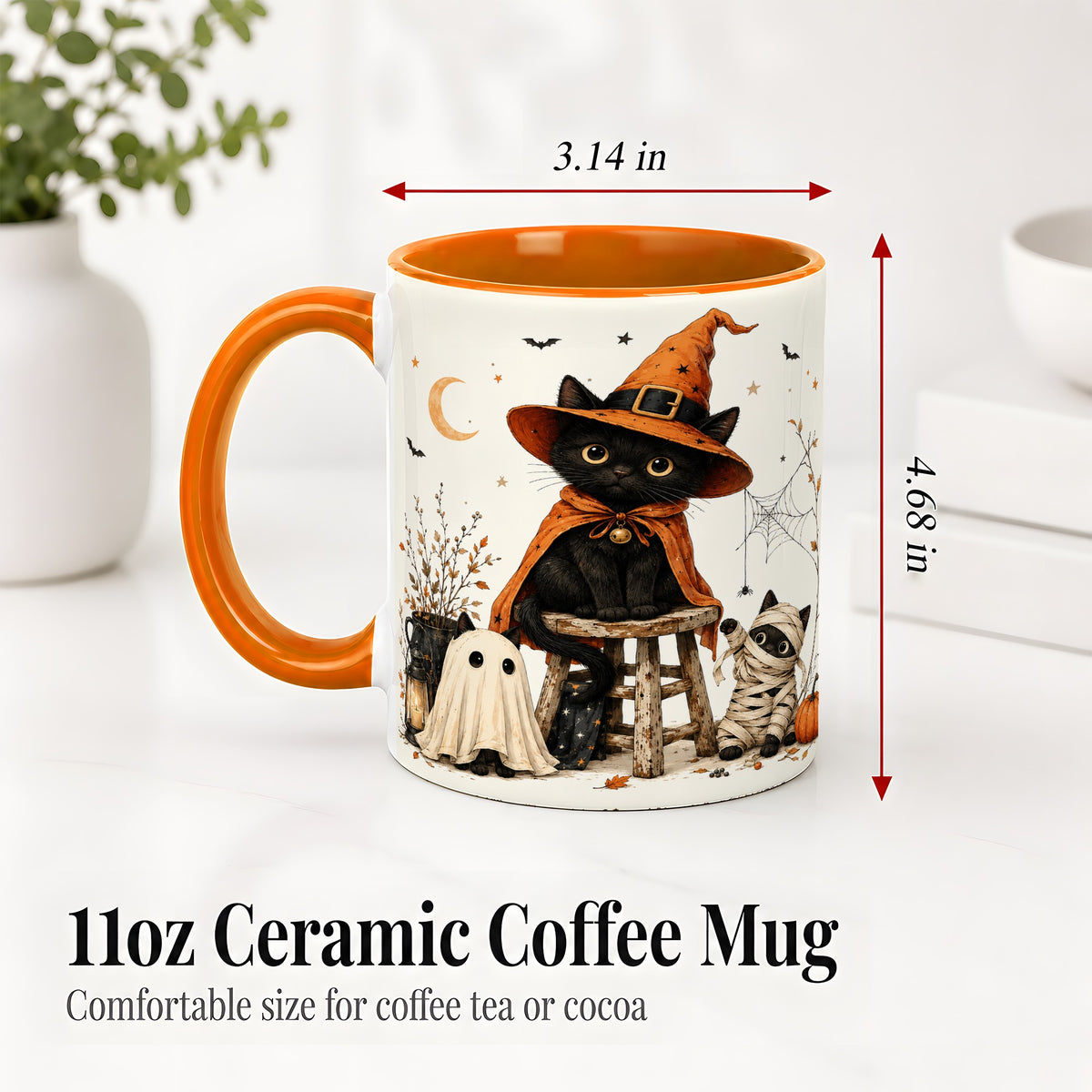 #pl[11oz|Orange] Halloween Black Cat Ceramic Mug, Witch Ghost Mummy Cat Design