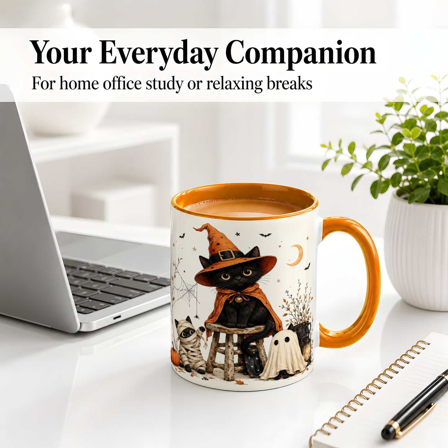 #pl[11oz|Orange] Halloween Black Cat Ceramic Mug, Witch Ghost Mummy Cat Design