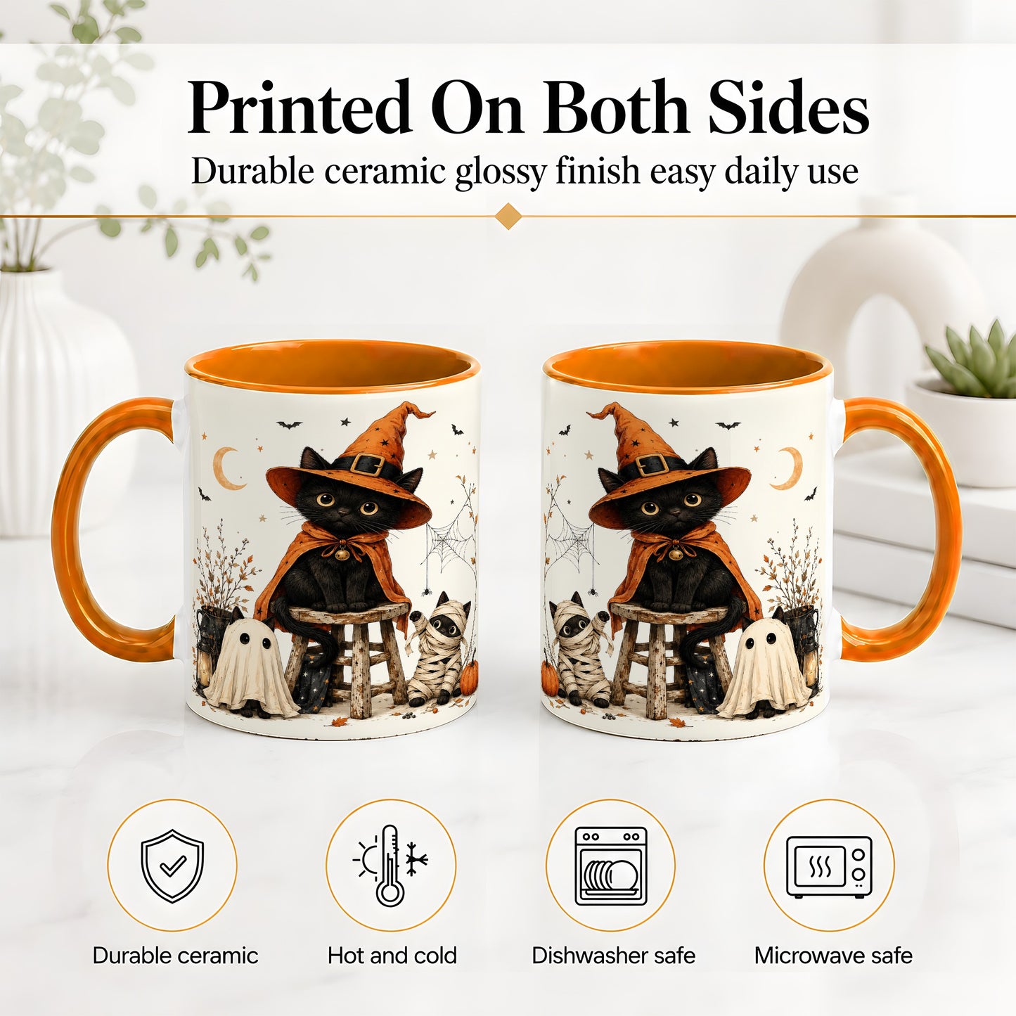 #pl[11oz|Orange] Halloween Black Cat Ceramic Mug, Witch Ghost Mummy Cat Design