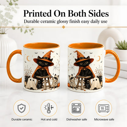 #pl[11oz|Orange] Halloween Black Cat Ceramic Mug, Witch Ghost Mummy Cat Design