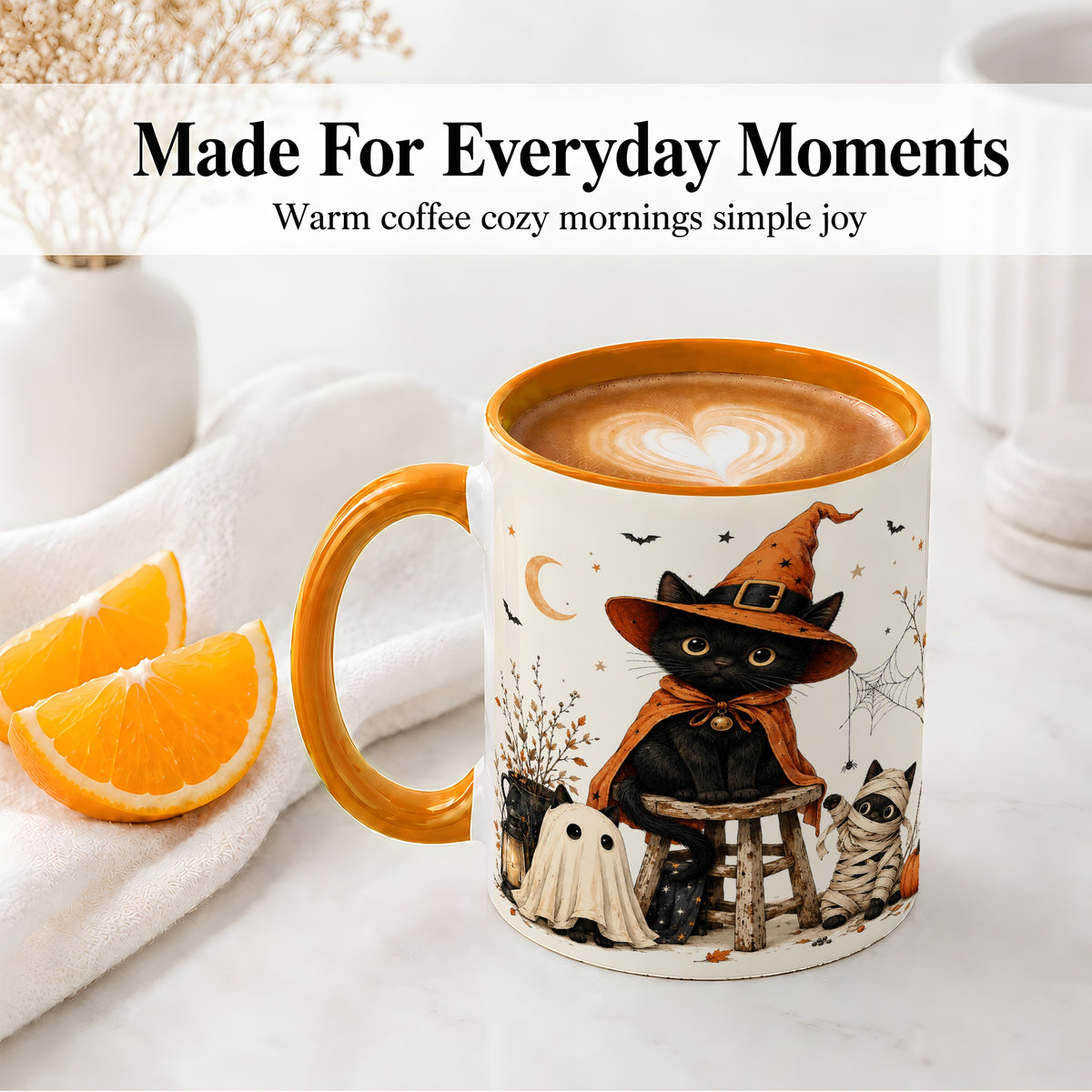 #pl[11oz|Orange] Halloween Black Cat Ceramic Mug, Witch Ghost Mummy Cat Design