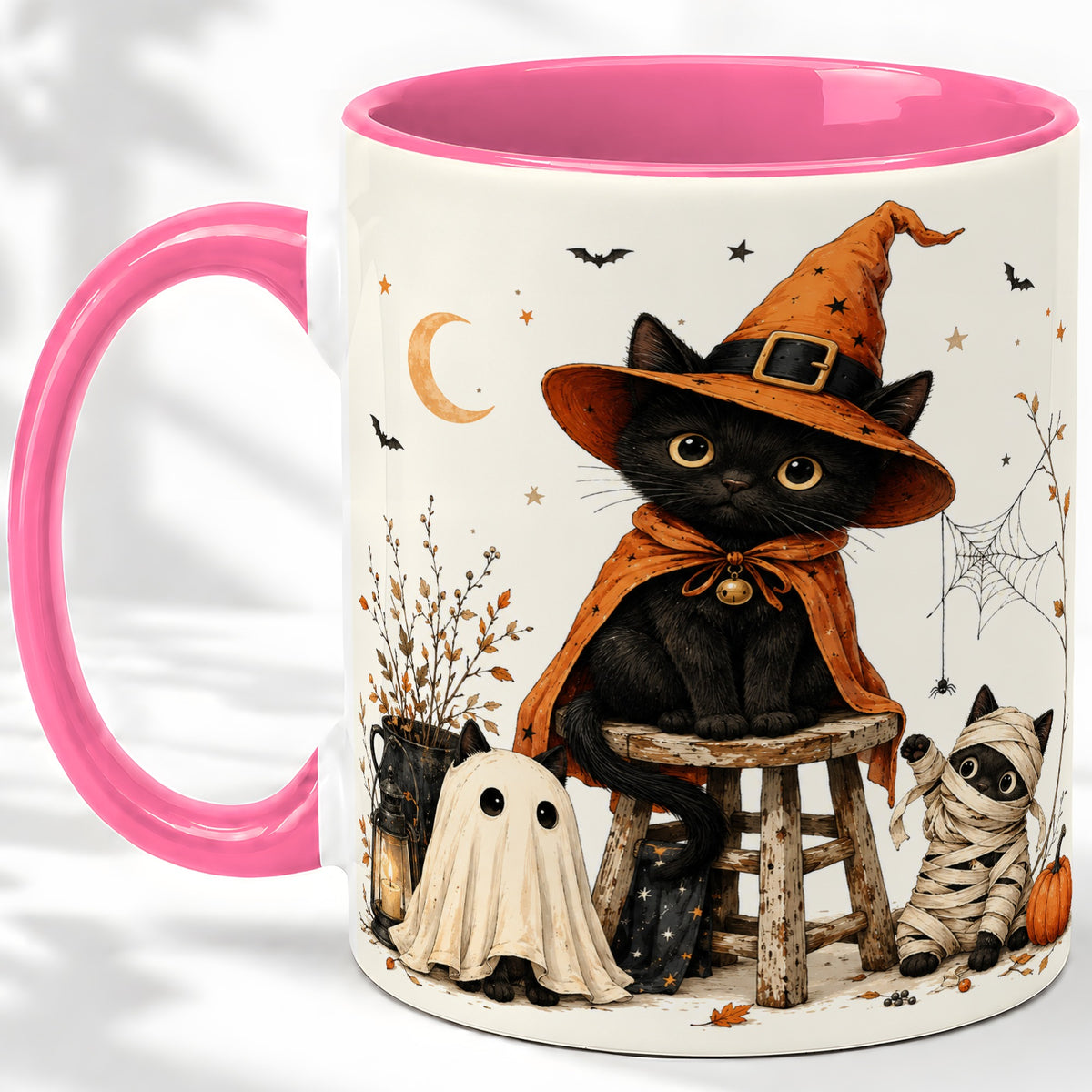 #pl[11oz|Pink] Halloween Black Cat Ceramic Mug, Witch Ghost Mummy Cat Design