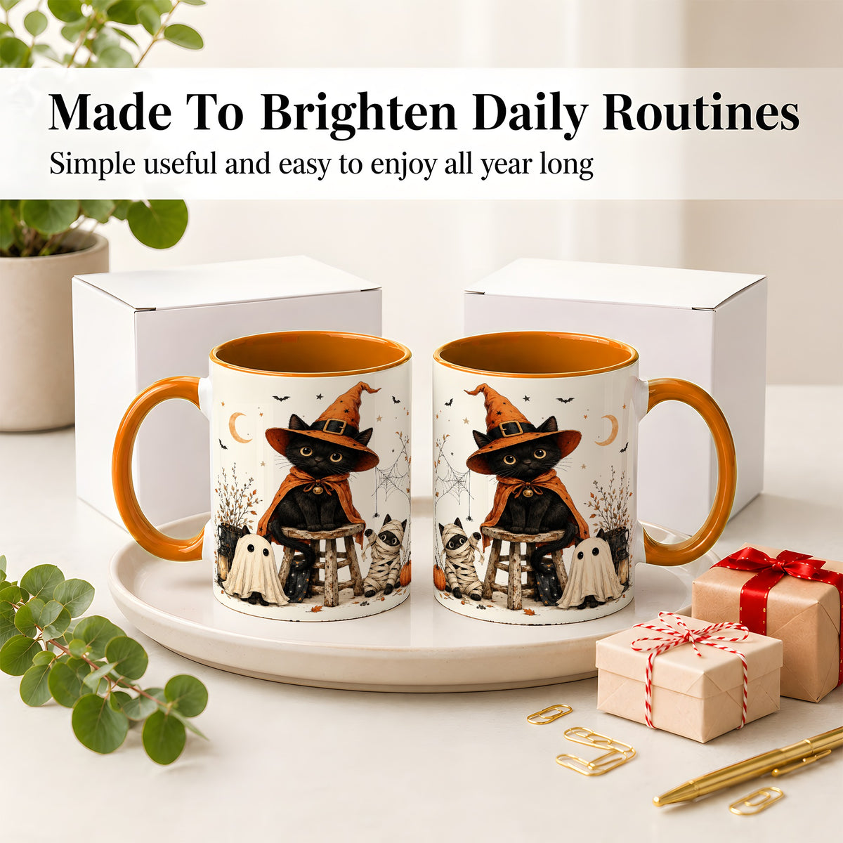 #pl[11oz|Orange] Halloween Black Cat Ceramic Mug, Witch Ghost Mummy Cat Design