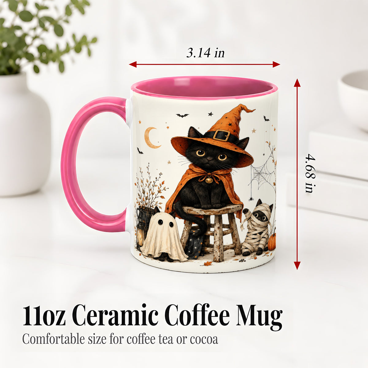 #pl[11oz|Pink] Halloween Black Cat Ceramic Mug, Witch Ghost Mummy Cat Design