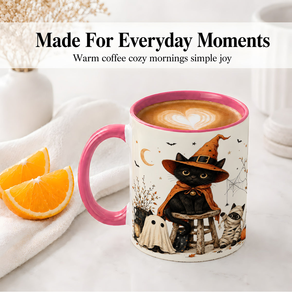 #pl[11oz|Pink] Halloween Black Cat Ceramic Mug, Witch Ghost Mummy Cat Design