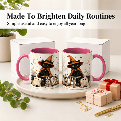 #pl[11oz|Pink] Halloween Black Cat Ceramic Mug, Witch Ghost Mummy Cat Design