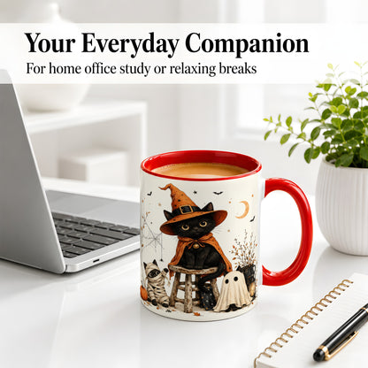#pl[11oz|Red] Halloween Black Cat Ceramic Mug, Witch Ghost Mummy Cat Design