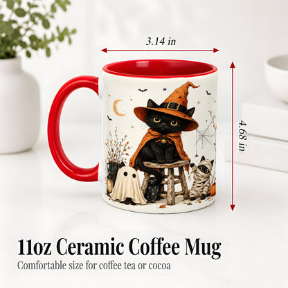 #pl[11oz|Red] Halloween Black Cat Ceramic Mug, Witch Ghost Mummy Cat Design