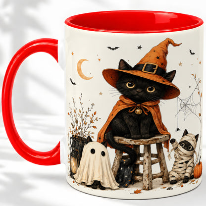Halloween Black Cat Ceramic Mug, Witch Ghost Mummy Cat Design