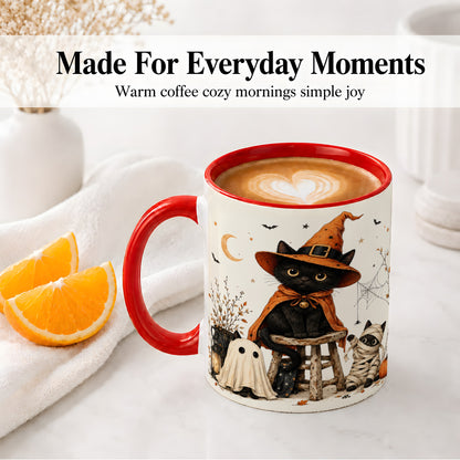 #pl[11oz|Red] Halloween Black Cat Ceramic Mug, Witch Ghost Mummy Cat Design
