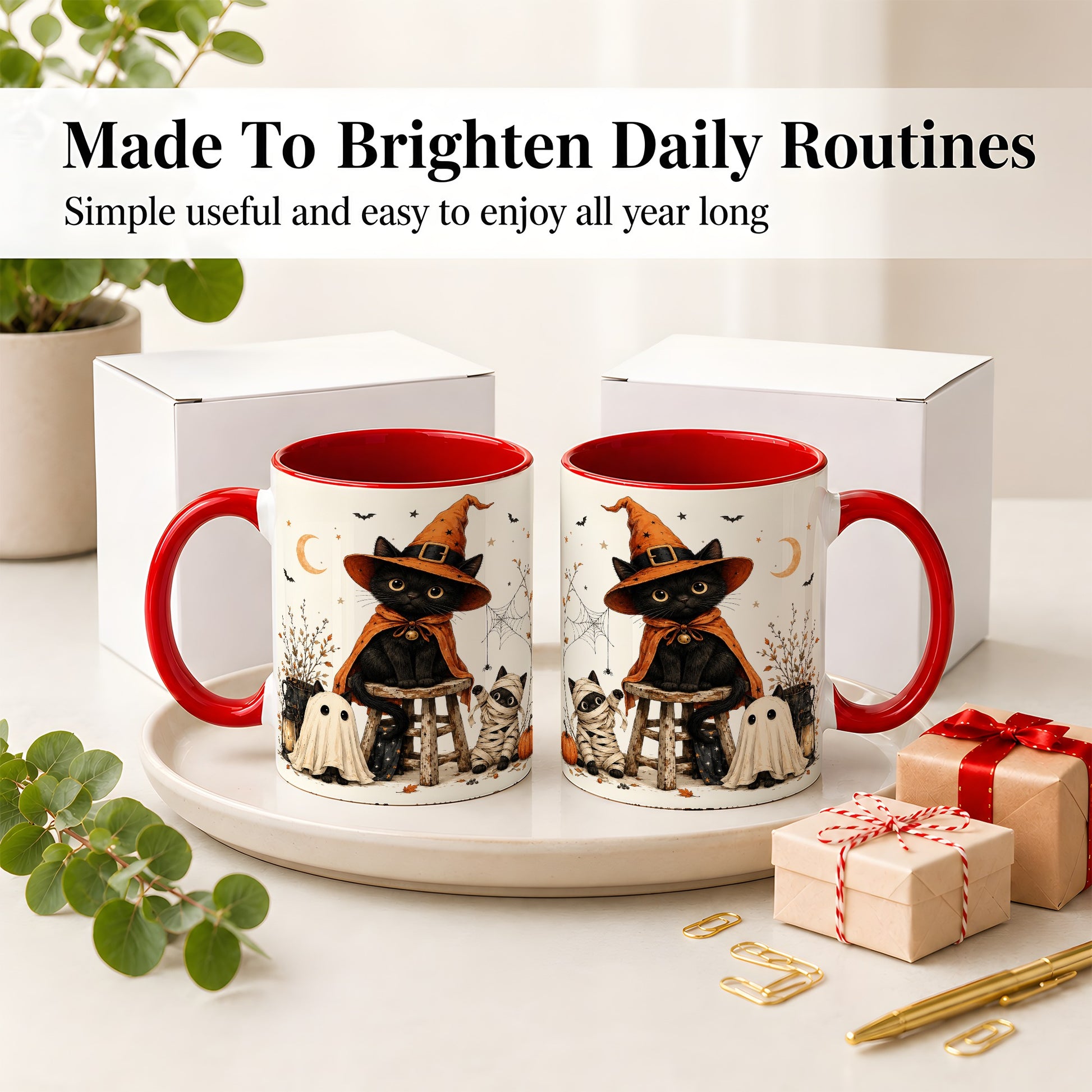 #pl[11oz|Red] Halloween Black Cat Ceramic Mug, Witch Ghost Mummy Cat Design