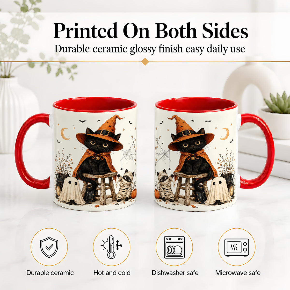 #pl[11oz|Red] Halloween Black Cat Ceramic Mug, Witch Ghost Mummy Cat Design