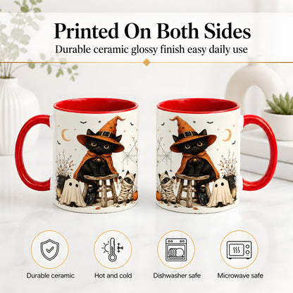 #pl[11oz|Red] Halloween Black Cat Ceramic Mug, Witch Ghost Mummy Cat Design