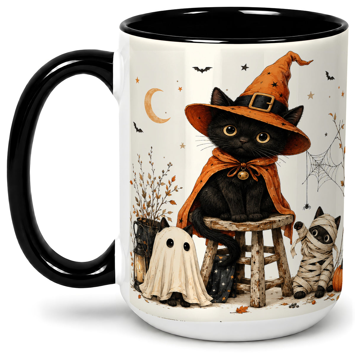 #pl[15oz|Black] Halloween Black Cat Ceramic Mug, Witch Ghost Mummy Cat Design