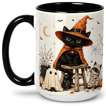 #pl[15oz|Black] Halloween Black Cat Ceramic Mug, Witch Ghost Mummy Cat Design