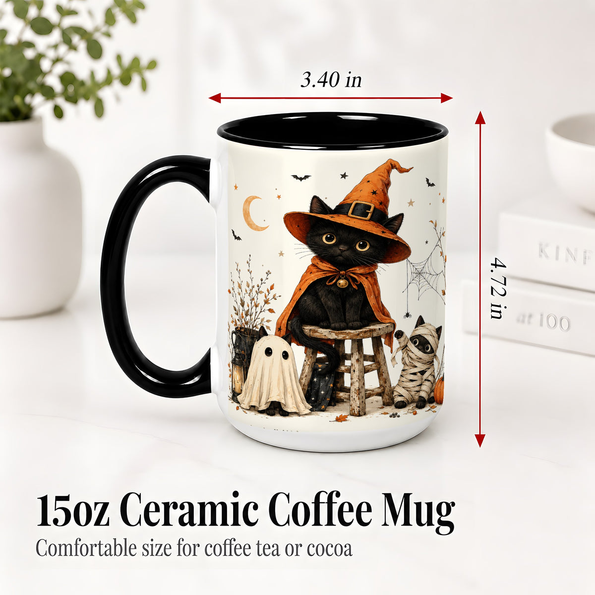#pl[15oz|Black] Halloween Black Cat Ceramic Mug, Witch Ghost Mummy Cat Design