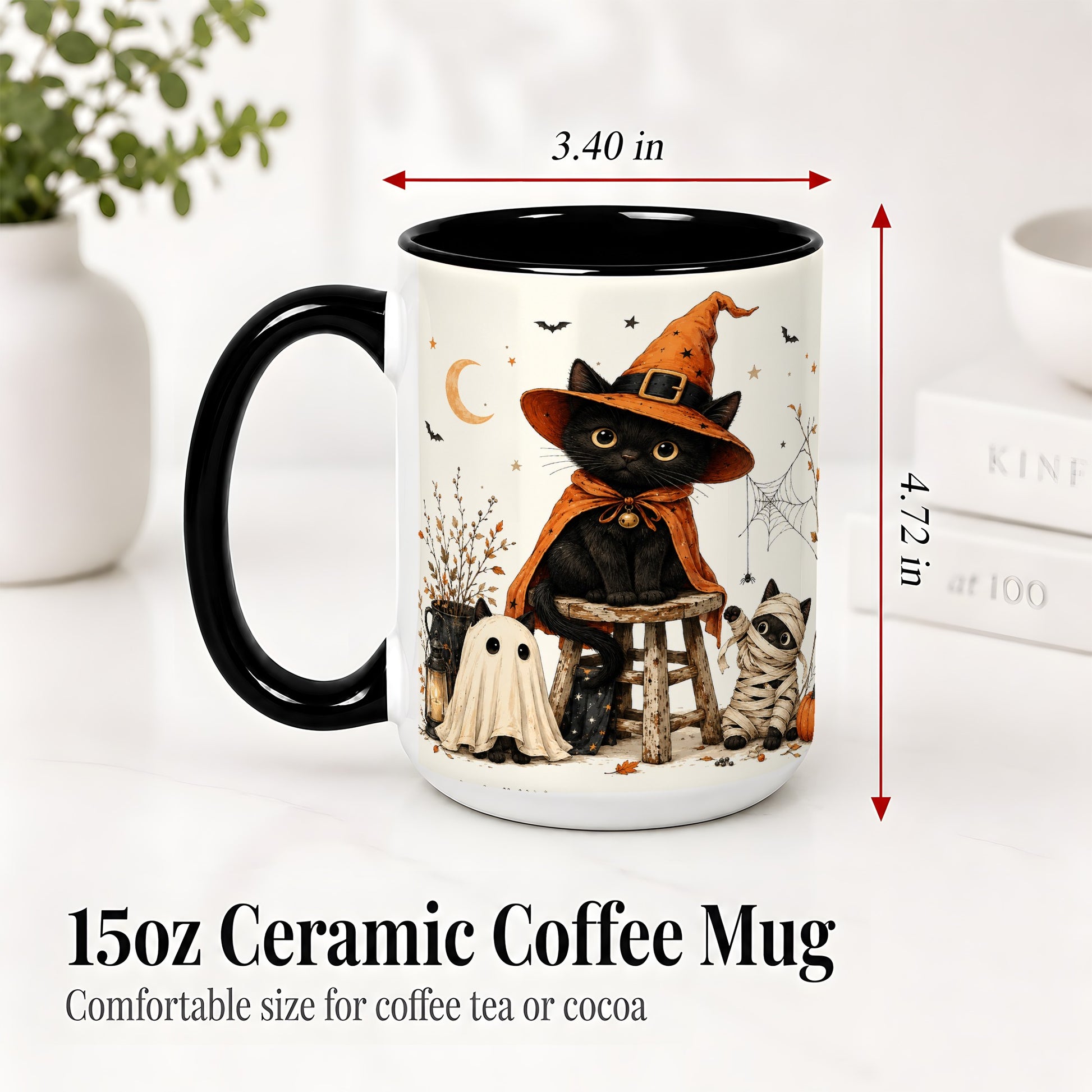 #pl[15oz|Black] Halloween Black Cat Ceramic Mug, Witch Ghost Mummy Cat Design