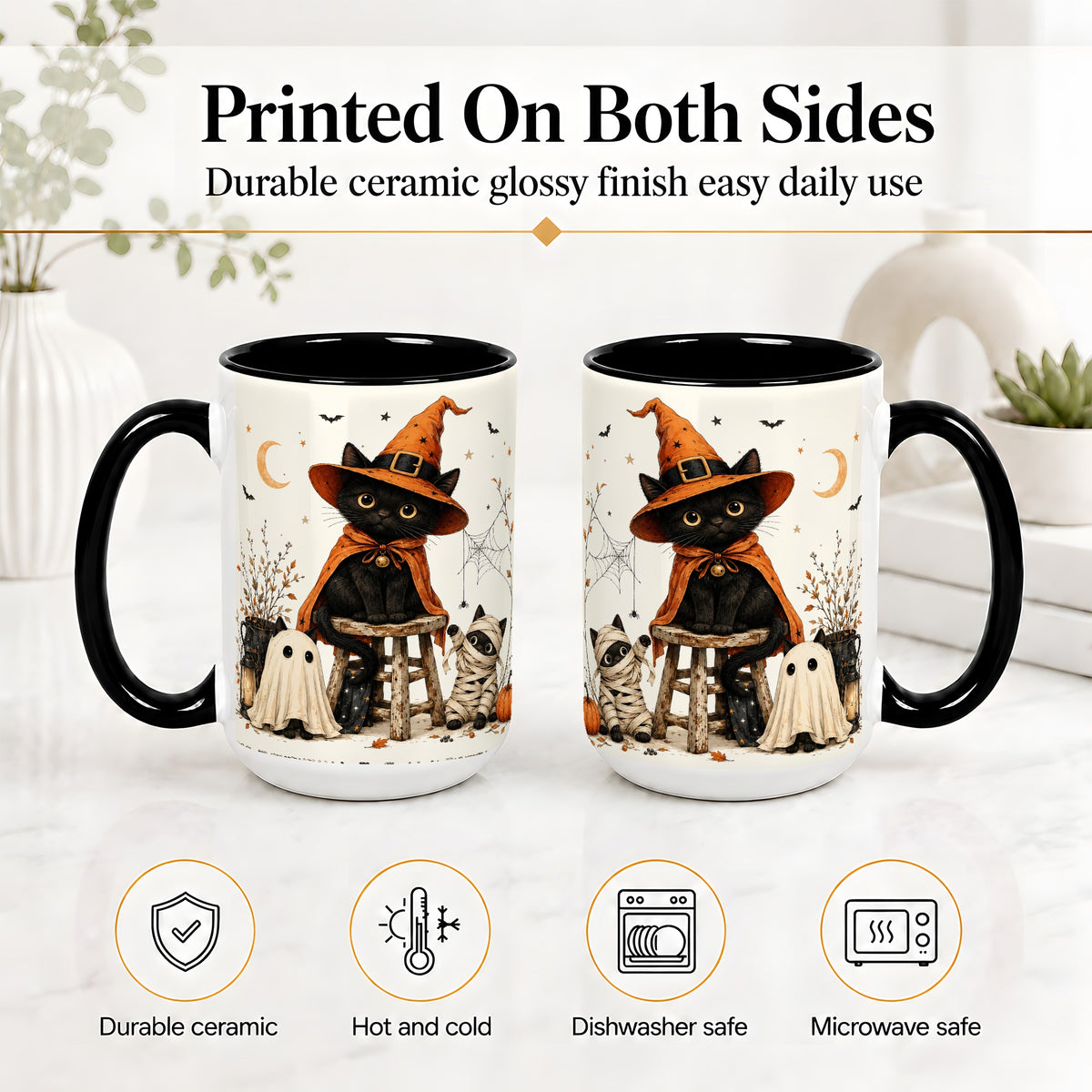 #pl[15oz|Black] Halloween Black Cat Ceramic Mug, Witch Ghost Mummy Cat Design
