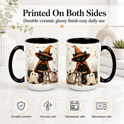 #pl[15oz|Black] Halloween Black Cat Ceramic Mug, Witch Ghost Mummy Cat Design