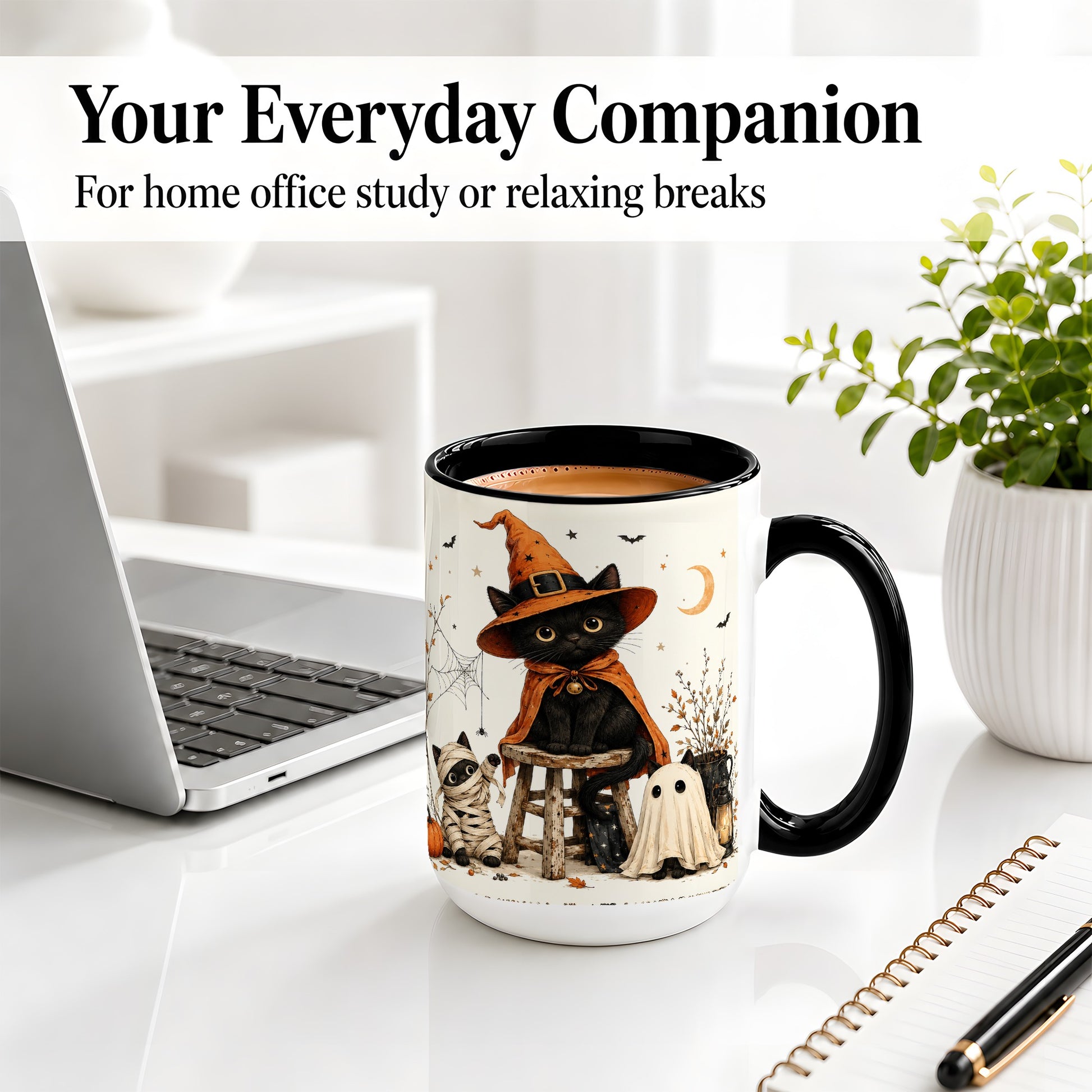 #pl[15oz|Black] Halloween Black Cat Ceramic Mug, Witch Ghost Mummy Cat Design