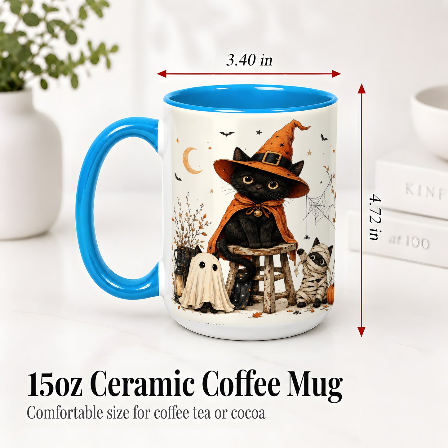 #pl[15oz|Blue] Halloween Black Cat Ceramic Mug, Witch Ghost Mummy Cat Design