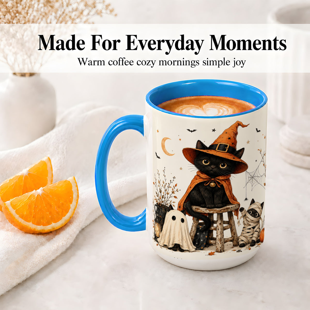 #pl[15oz|Blue] Halloween Black Cat Ceramic Mug, Witch Ghost Mummy Cat Design