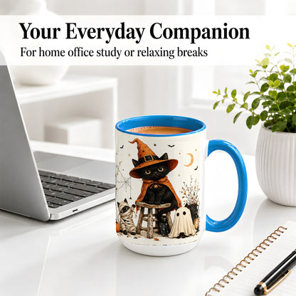 #pl[15oz|Blue] Halloween Black Cat Ceramic Mug, Witch Ghost Mummy Cat Design