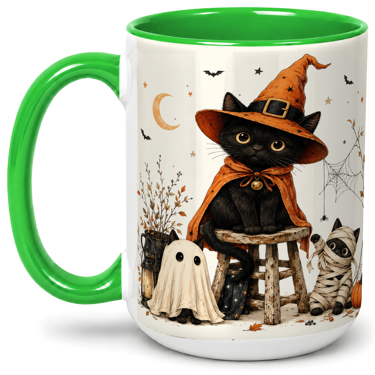 #pl[15oz|Green] Halloween Black Cat Ceramic Mug, Witch Ghost Mummy Cat Design