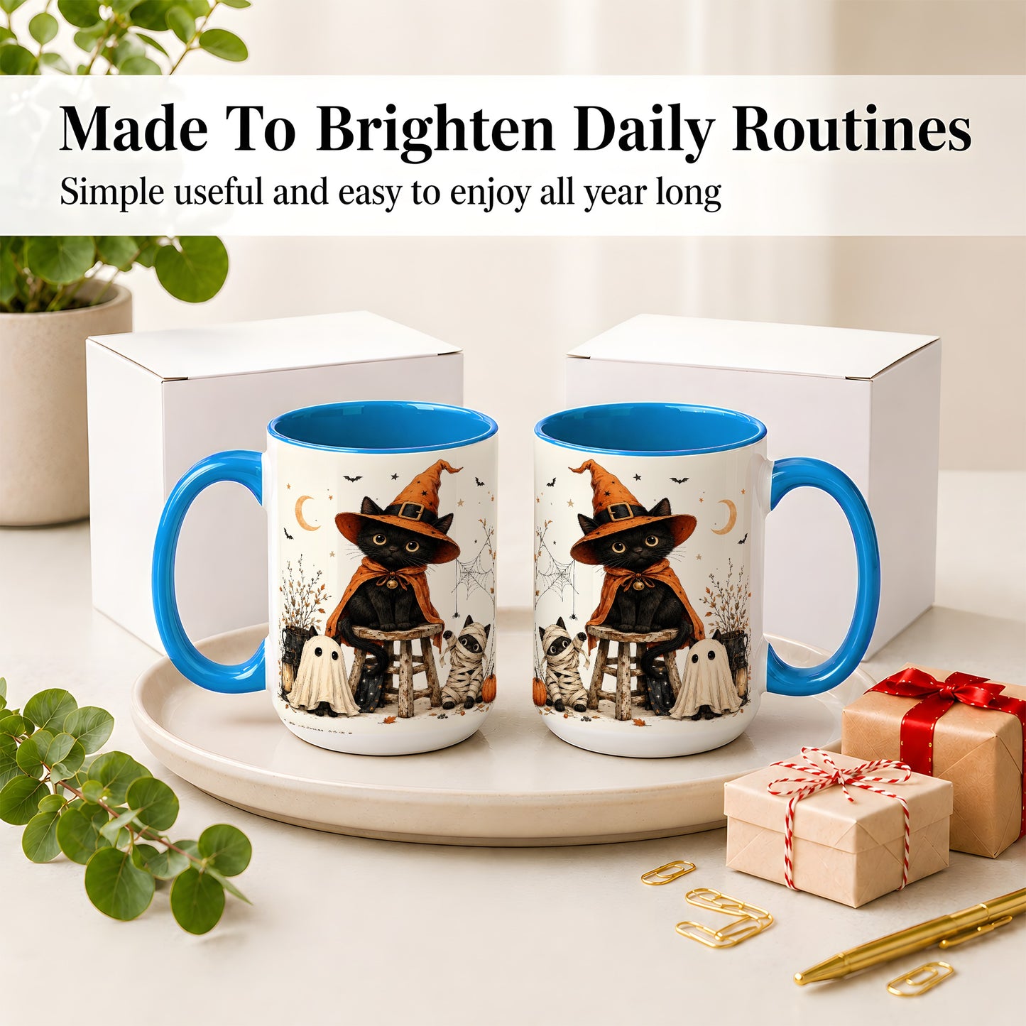#pl[15oz|Blue] Halloween Black Cat Ceramic Mug, Witch Ghost Mummy Cat Design