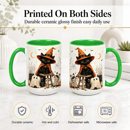 #pl[15oz|Green] Halloween Black Cat Ceramic Mug, Witch Ghost Mummy Cat Design