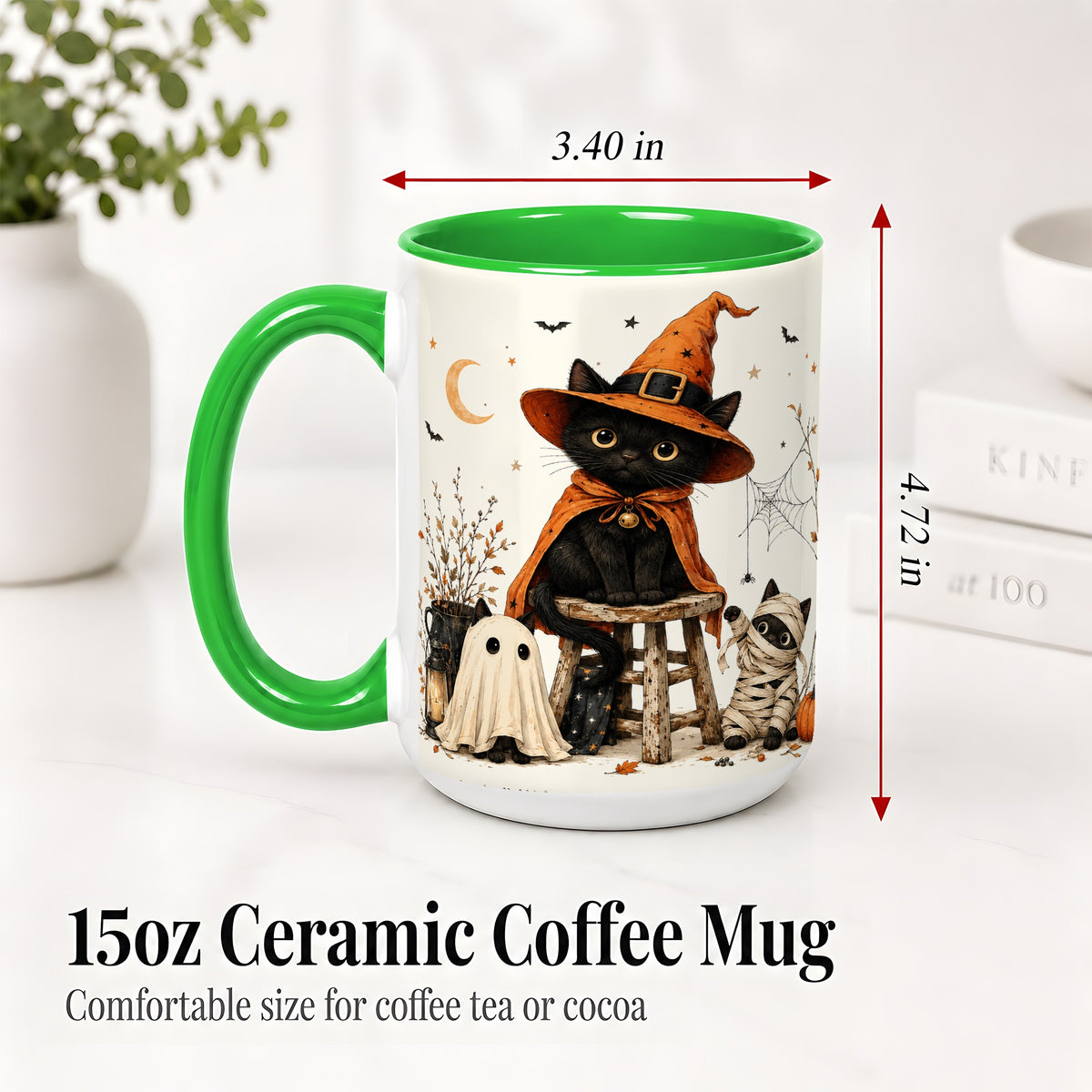 #pl[15oz|Green] Halloween Black Cat Ceramic Mug, Witch Ghost Mummy Cat Design